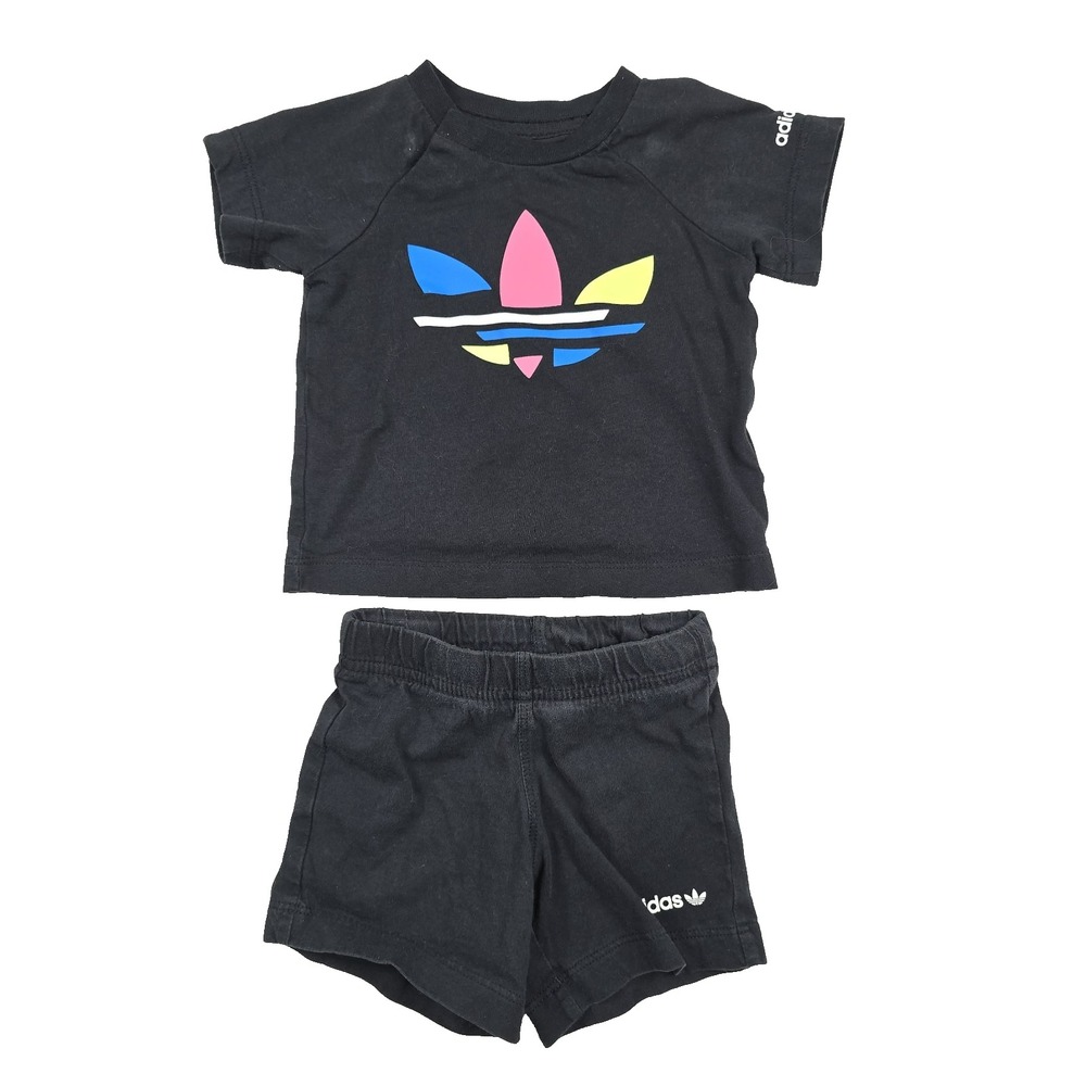 Adidas Kids 3-6M Black Trefoil T-Shirt and Shorts 2-Piece Set Graphic Logo